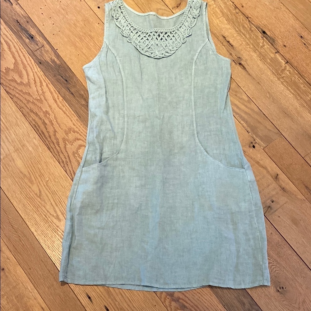 Lungo L'arno Linen Pullover Crochet w Pockets S/S Italian Dress Seafoam Green M